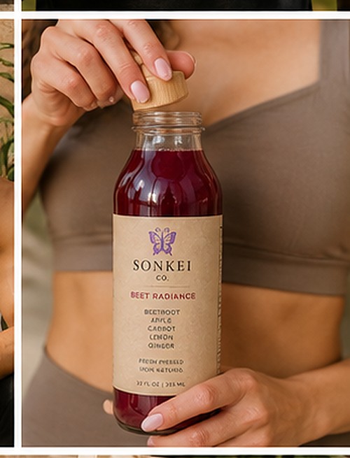 Fresh pressed SONKEI CO. Beet Radiance juice, held up to the light