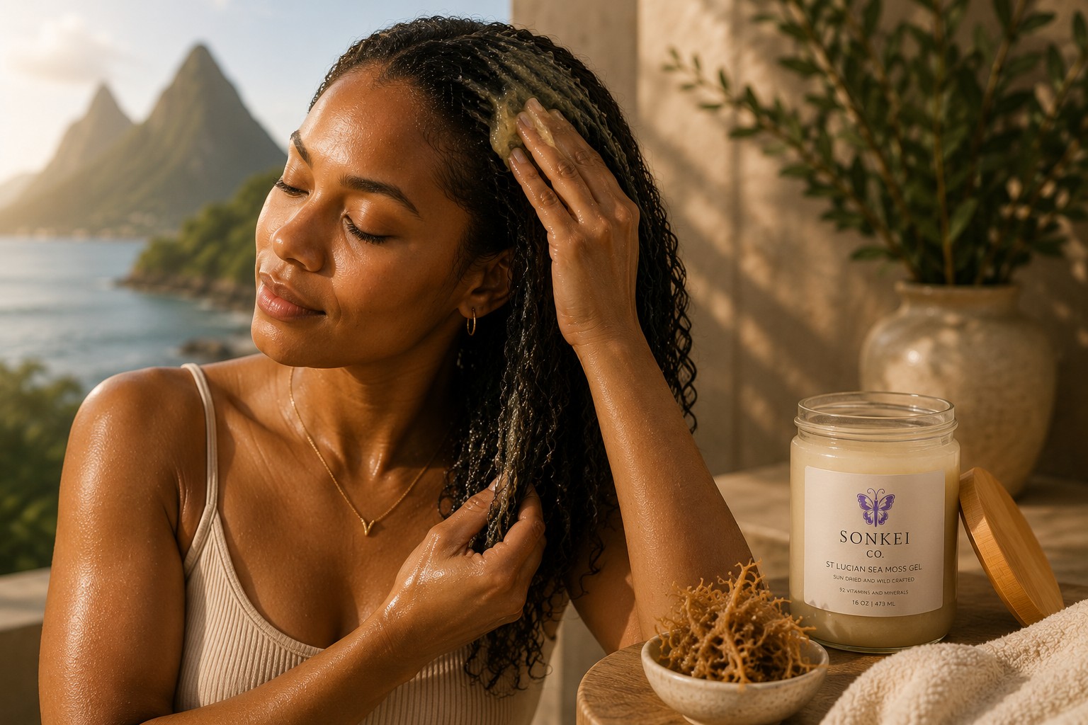 Applying SONKEI CO. Sea Moss Gel as a hair and scalp mask