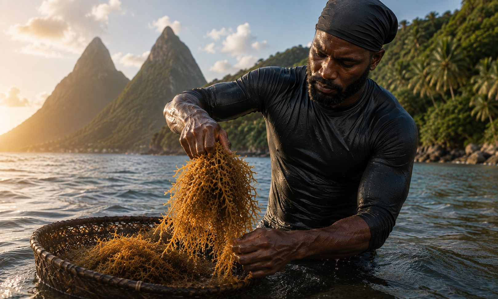 Hand harvesting wild sea moss from the waters of St Lucia